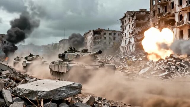 Main Battle Tanks Column Moving Through Urban Battlefield Ruins