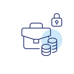Briefcase, lock and stack of coins. Safe investment, protected capital. Pixel perfect, editable stroke vector icon