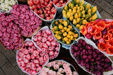 Fresh tulips in pink, yellow, orange, and purple hues beautifully arranged in market display. Street spring outdoor market