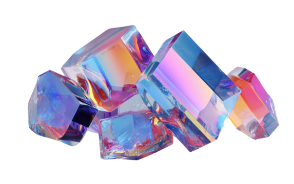 Iridescent cubes clustered, shimmering with orange, blue, and pink hues against a dark backdrop, reflecting light