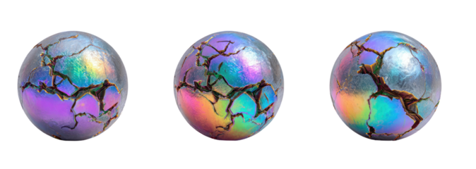 Three cracked iridescent eggs, rendered with light and shadow, on a black background