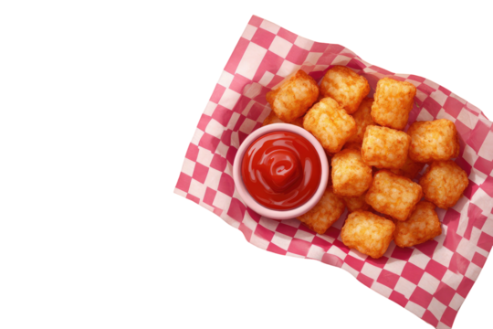 Fried potato bites and ketchup on checkered paper in a light bowl set against a black background