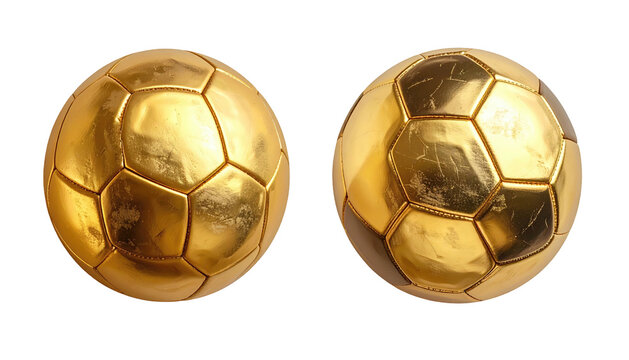 Two golden textured polygonal balls; one with dirt, on a transparent black background, reflecting light