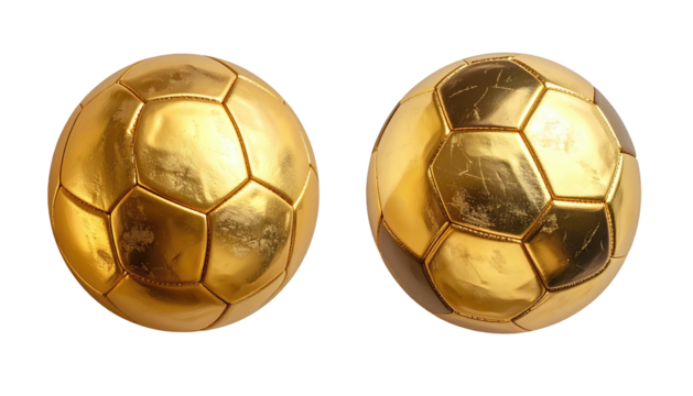 Two golden textured polygonal balls; one with dirt, on a transparent black background, reflecting light