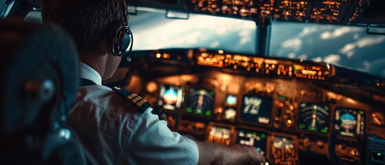 Fototapeta premium Over shoulder view of a pilot checking instruments in a commercial aircraft cockpit aviation travel and transportation industry