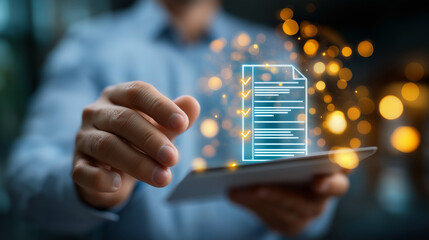 Businessman showing online document validation icon, quality assessment management with a checklist, business document evaluation process, market data report analysis and consultin