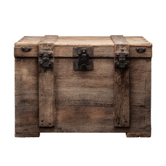 An old wooden treasure chest with rusted metal locks isolated on a black background