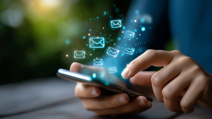 Person checking email icons floating above, concept of digital communication, mobile inbox, real-time notification, and online message system, under soft digital light highlighting