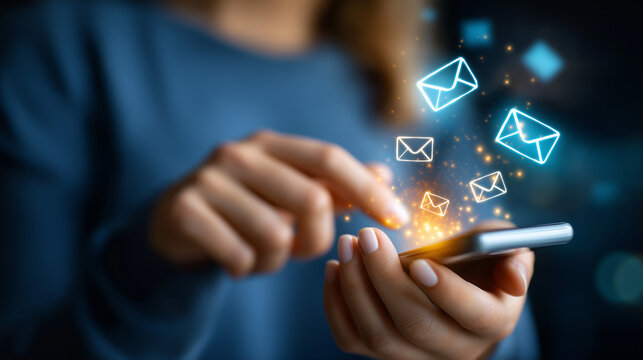 Person checking email icons floating above, concept of digital communication, mobile inbox, real-time notification, and online message system, under soft digital light highlighting - Powered by Adobe