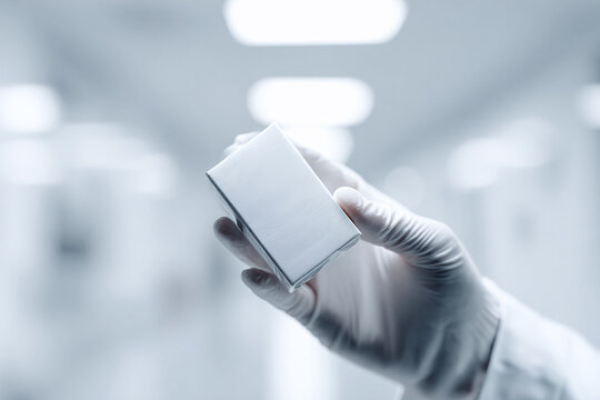 Gloved hand holding a white rectangular box in a sterile environment. Concept of precision, care, quality control, science and medicine,pharmaceuticals or technology.