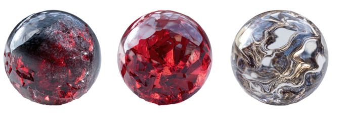 Three reflective spheres display varying textures/colors red/clear, crimson, and marbled silver/white on a dark background