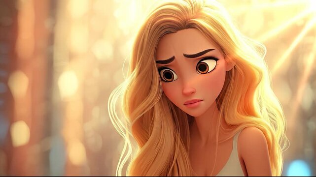 A woman with long, flowing hair stands amidst soft, glowing light, creating a tranquil ambiance. The serene light beautifully highlights her hair and enhances the atmosphere around