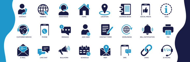 Contact icon set containing email, phone, address, customer service, call, and website symbols. Flat solid vector collection representing communication, connection, and support concepts for business 