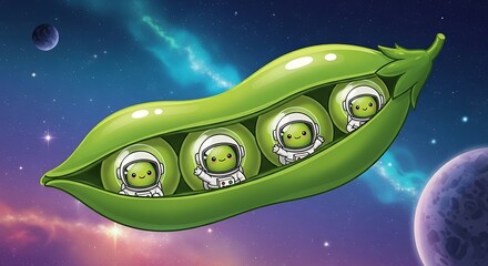 Four cartoon peas wearing spacesuits inside a pea pod, floating in outer space with planets and a nebula in the background.