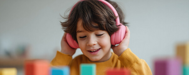 A happy child with pink headphones is listening to music or an audiobook. Hes surrounded by colorful blocks, symbolizing learning, playtime, and auditory stimulation.