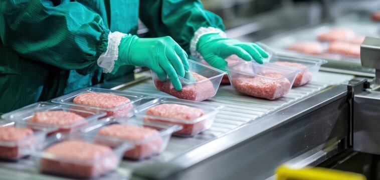 The Ground Beef Patties Being Packaged on an Industrial Conveyor Line