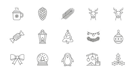 Christmas and New Year Line Icons Festive Decorations and Winter Elements
