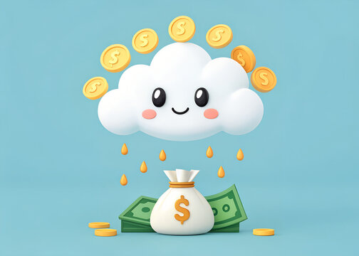 Cartoon cloud raining coins and money onto a money bag
