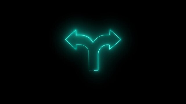 Glowing Neon Style Graphic of a tow-way Split Arrow icon Animation in Black Background 