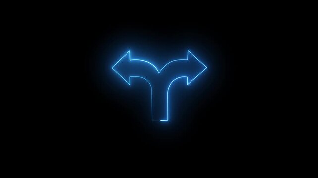 Glowing Blue Neon Style Graphic of a tow-way Split Arrow icon Animation in Black Background 