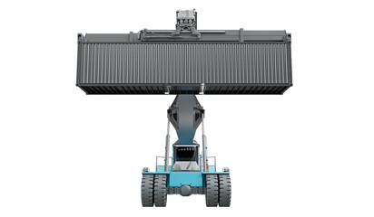 Forklift reach stacker handling a black 40-foot container. Front view, isolated on a transparent background. 3D illustration