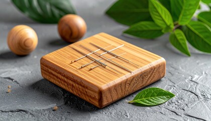 Acupuncture needles on wooden block with wooden balls and natural green leaves for wellness