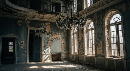 Sunlit ancient library with dusty books and wooden tables