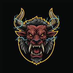Fototapeta premium Fierce Red Bull Monster Mascot with Lightning Bolts Emblem, Symbolizing Power and Aggression in a Graphic Illustration