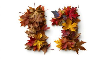 The number "11" creatively formed out of a  autumn Maple Leaves, textured representation of the digits against a isolated white background.