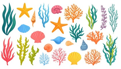 Set of colorful aquatic plants, coral, seashells, starfish