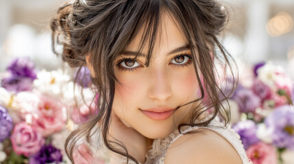 カラフルで綺麗な花と女性