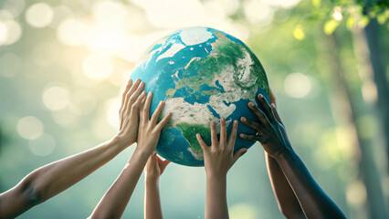 Diverse Hands Holding Planet Earth Together Symbolizing Global Unity and Environmental Protection	