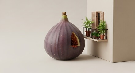 A large fig with a triangular cutout stands next to a miniature building with a balcony and potted plants.