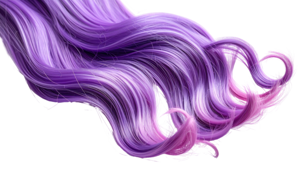 A swathe of flowing hair in blended shades of purple, violet, and pink, curling at the ends on a transparent bg