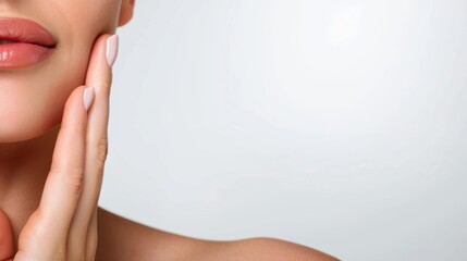 Naklejka premium Close-Up of a Woman's Hand Gently Touching Her Smooth Face with Soft Beautiful Skin on a Neutral Background