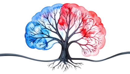 Watercolor painting of a tree with blue left and red right sides, dark roots and branches on a black background