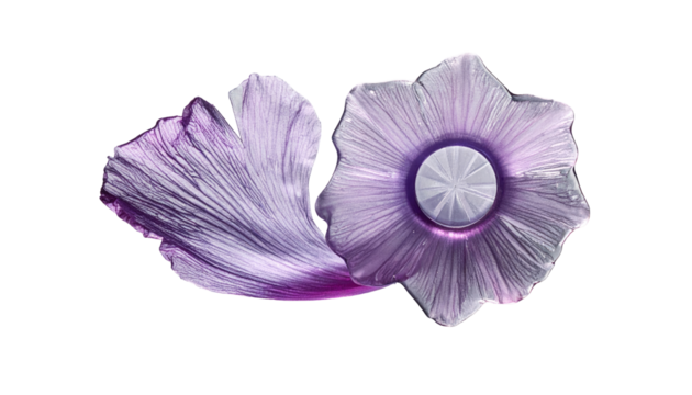 Two stylized floral forms, one open and flowing, one concentric, rendered in shades of purple and white