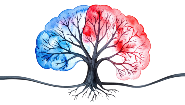 Watercolor painting of a tree with blue left and red right sides, dark roots and branches on a black background - Powered by Adobe