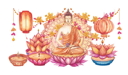 Hand-painted illustration of Buddha sitting on a lotus flower with lanterns, candles, mandala and floral ornaments. Spiritual and meditative design inspired by Asian culture and traditions.