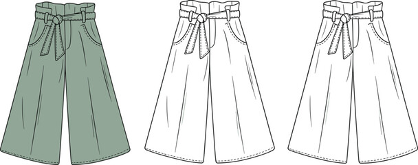 Vector illustration of wide-leg pants with bow belt, front pockets, and stitching detail for fashion design and garment presentation