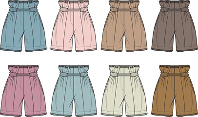 Fashion illustration of various colors of paperbag waist shorts, showcasing style and versatility for modern wardrobes