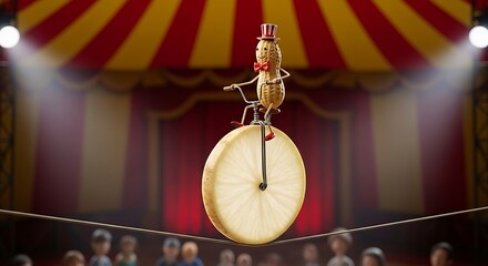 Peanut character in a top hat balances on a unicycle with a cheese wheel as a wheel, performing on a tightrope in a circus tent.
