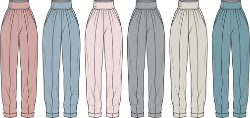 Collection of women's pleated peg trousers with a high waist and cuffs. Fashion design technical flat vector illustration set