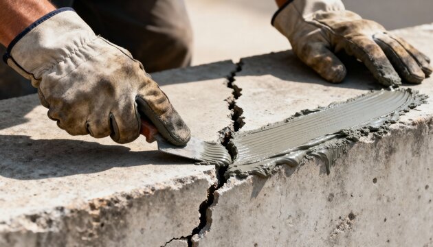 Footage of hands smoothing mortar over a repaired crack in a concrete slab illustrating detailed craftsmanship in restoring structural integrity.