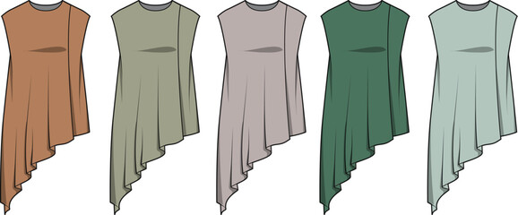 Collection of technical flat sketches for a modern asymmetrical sleeveless tunic dress shown in various colorways for fashion design