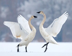 Obraz premium Two white birds, wings outstretched, dance on snowy ground