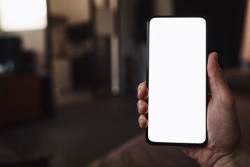 Man hold smartphone with white screen in his hand sitting on a couch in home environment
