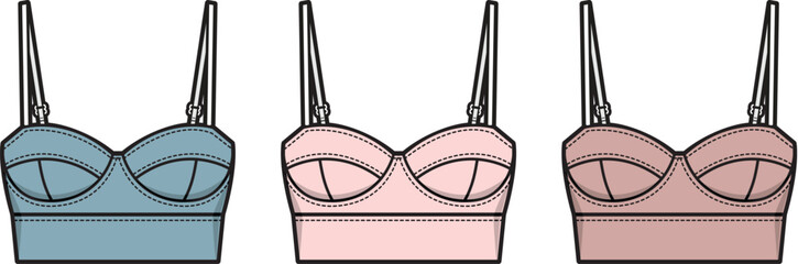 Fashion illustration of three bras in different pastel colors with straps and underwire detailing