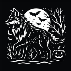 Black and white fox howling under full moon vector in dark sketch style, perfect for Halloween prints, posters, or spooky-themed designs.