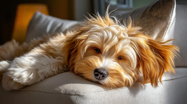 Puppy napping on owner's lap, soft fur ruffled, peaceful dream, cozy living room, photorealistic candid by a pet lover photographer, warm lamp light, adorable whiskers.